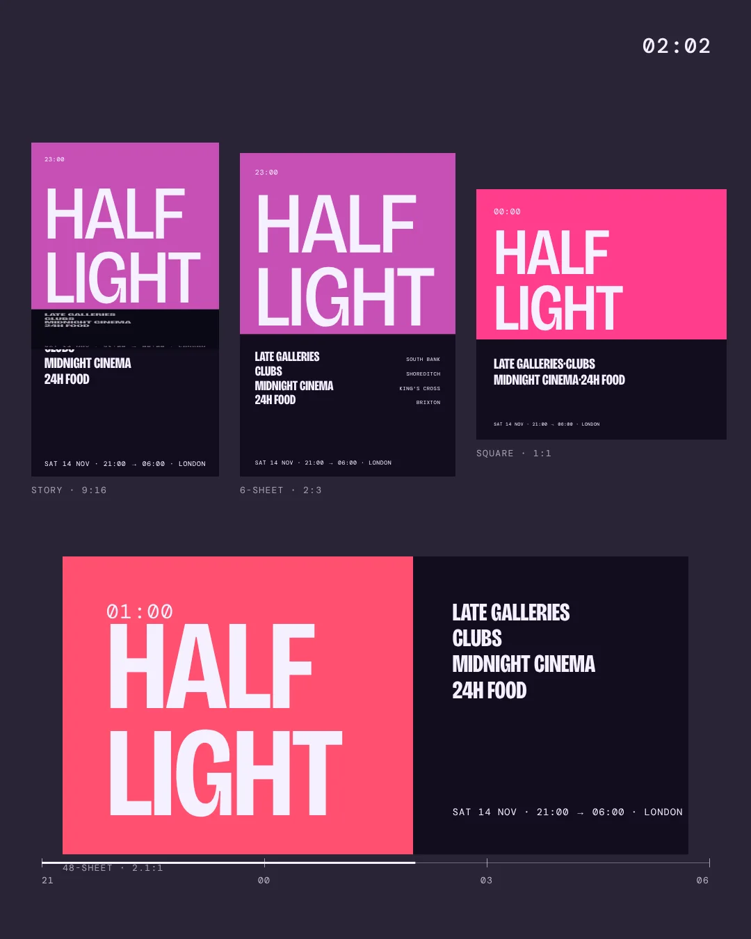 The campaign across four formats at once: a story, a 6-sheet, a square post and a 48-sheet billboard.
