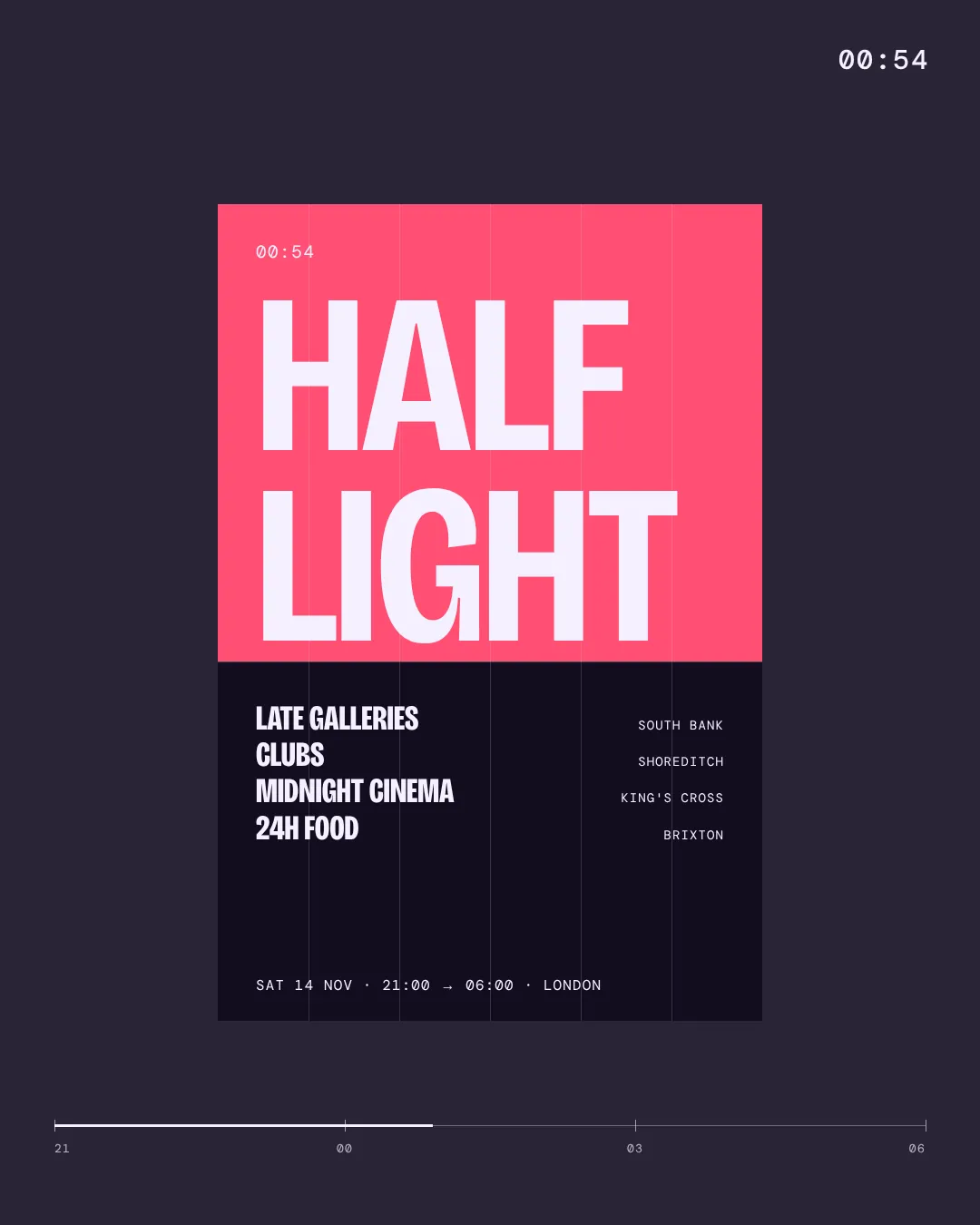 The key poster: HALF LIGHT on a pink top half, the line-up on a dark bottom half.