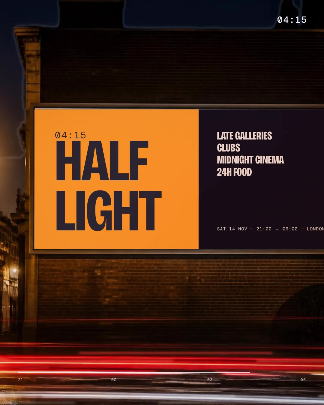 The 48-sheet billboard on a London street at night, with car light trails below.