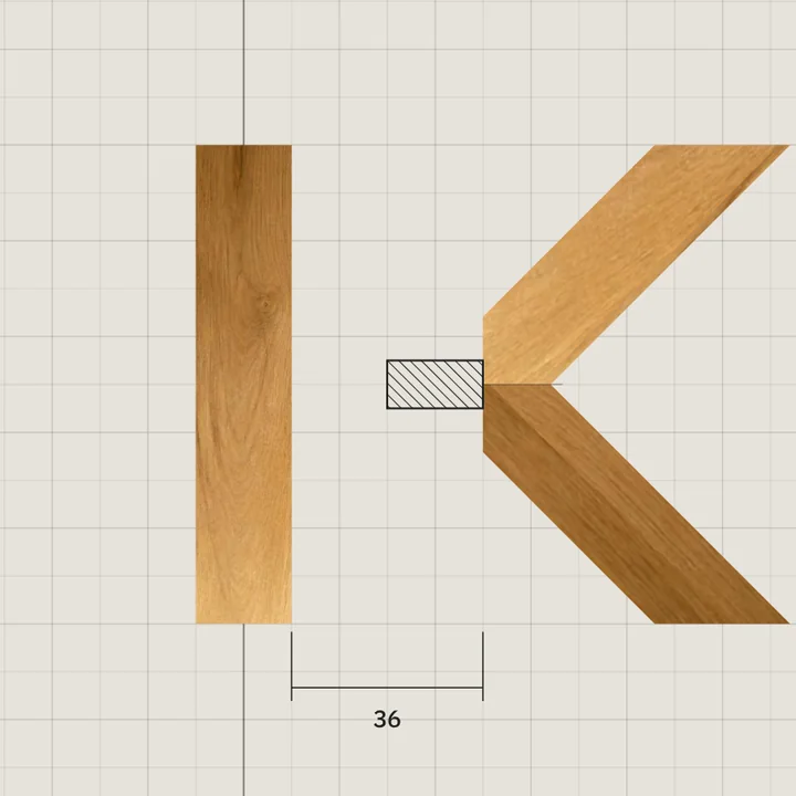 The oak stem and, beside it, the chevron with its tenon drawn hatched, 36 mm apart.