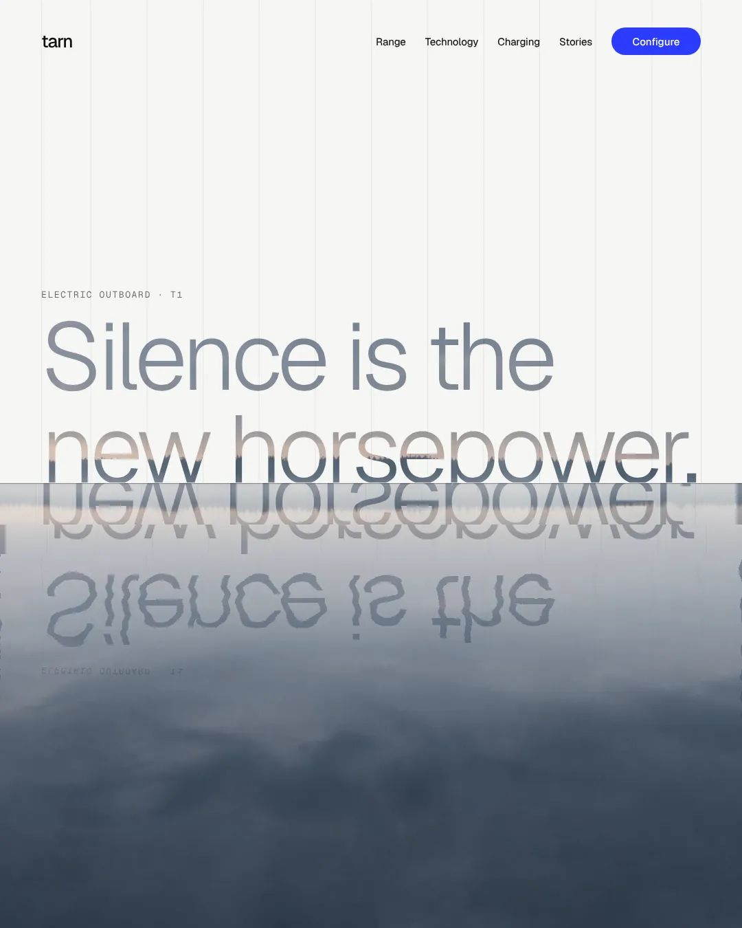 The headline Silence is the new horsepower, set along the waterline, with its reflection upside down in the lake below.