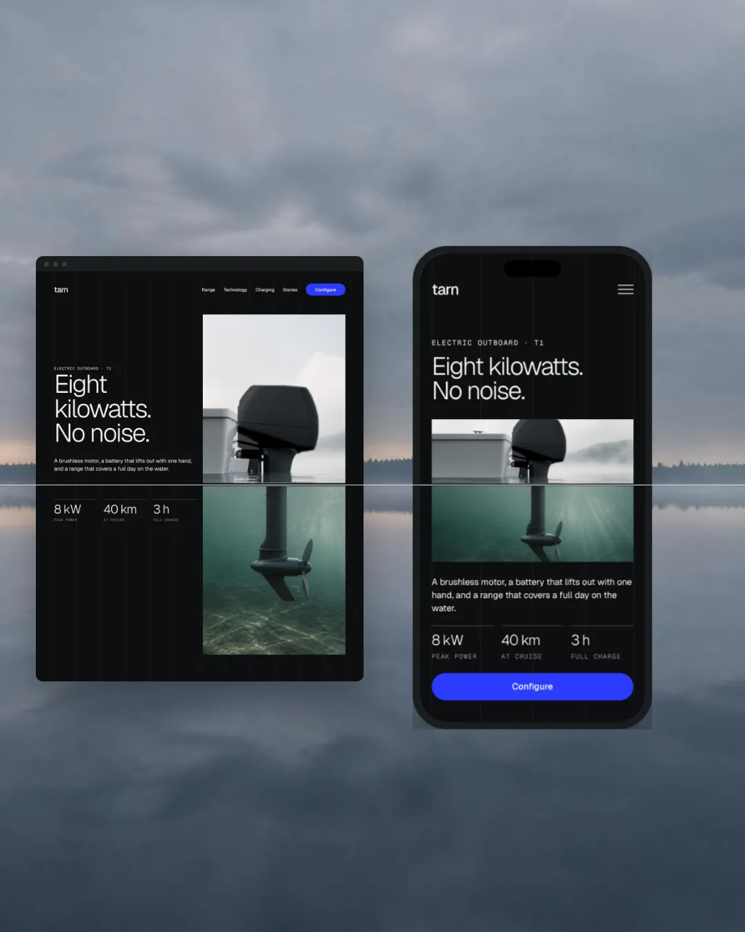 The desktop site and the phone site side by side on the lake, sharing one waterline.