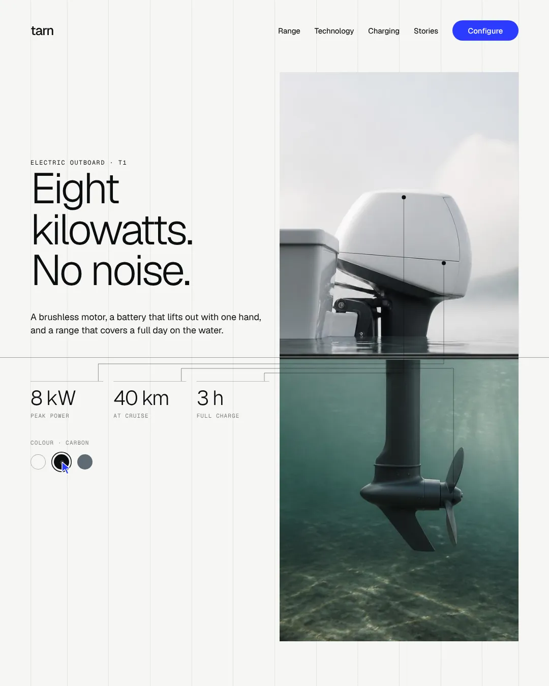 The product section: the motor half above the waterline and half below it, beside three specs.