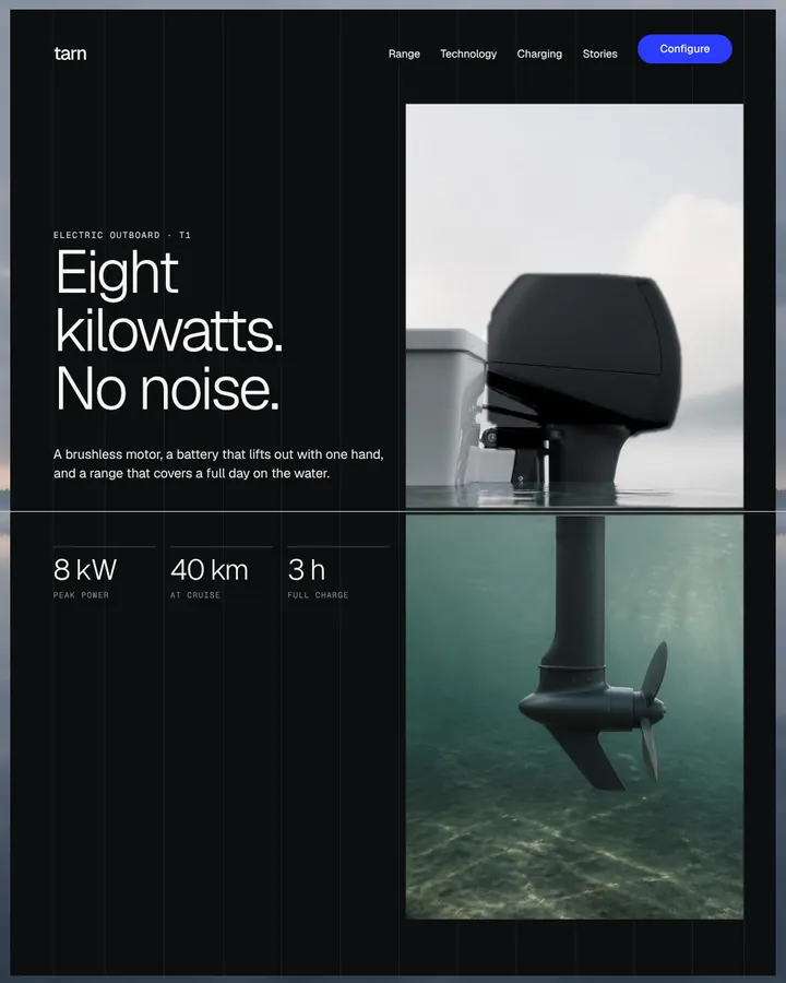 The desktop page in its dark colourway, on a 12-column grid.